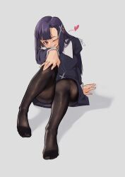 Rule 34 | 1girl, absurdres, aiharararara, arm support, black dress, black pantyhose, blunt bangs, cross, dress, eyelashes, feet, full body, grey background, hand on own knee, heart, highres, kannagi, knee up, legs, loafers, long hair, long sleeves, no shoes, nun, on ground, one eye closed, pantyhose, parted bangs, purple eyes, purple hair, shadow, shoes, signature, sitting, solo, thighs, toes, tongue, tongue out, zange