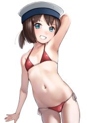 Rule 34 | 1girl, alternate costume, aqua eyes, arm behind head, arm up, armpits, bare arms, bare legs, bare shoulders, bikini, blush, brown hair, collarbone, commentary request, cowboy shot, daitou (kancolle), flat chest, gluteal fold, grin, groin, halterneck, hat, highres, kabayaki namazu, kantai collection, looking at viewer, micro bikini, navel, petite, red bikini, revision, sailor hat, short hair, side-tie bikini bottom, simple background, smile, solo, standing, stomach, string bikini, swimsuit, white background, white hat