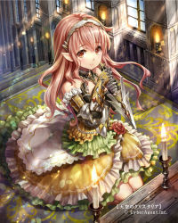 Rule 34 | 1girl, armor, armored dress, bare shoulders, breastplate, brown eyes, brown hair, candle, choker, company name, detached sleeves, dress, fantasy, fire, flower, gabiran, gauntlets, hairband, holding, holding knife, indoors, kneeling, knife, layered dress, light rays, long hair, looking at viewer, official art, pink hair, pointy ears, red flower, red rose, rose, sitting, solo, stairs, tenkuu no crystalia, watermark, window