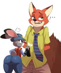 Rule 34 | 1boy, 1girl, angry, animal ears, ass, body fur, buttons, curvy, eric lowery, eyebrows, fox, furry, green eyes, hat, highres, huge ass, judy hopps, necktie, nick wilde, open mouth, pants, purple eyes, rabbit, shirt, simple background, smile, sweat, tail, uniform, zootopia