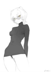Rule 34 | 1girl, arm behind back, bottomless, breasts, closed mouth, covered navel, cowboy shot, expressionless, from below, glasses, liren44, long sleeves, looking at viewer, medium breasts, monochrome, original, round eyewear, short hair, simple background, sketch, skin tight, solo, spot color, standing, sweater, thong, turtleneck, turtleneck sweater, unfinished, wavy mouth, weibo logo, weibo watermark, yellow eyes