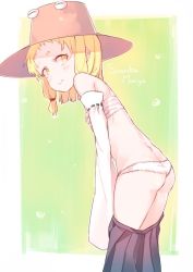 Rule 34 | 1girl, ass, back, bad id, bad twitter id, bent over, blonde hair, blush, character name, clothes pull, detached sleeves, flat ass, gradient background, green background, hat, long sleeves, looking to the side, moriya suwako, panties, pokan (xz1128), sarashi, short hair, skirt, skirt pull, smile, solo, touhou, underwear, white panties, wide sleeves, yellow eyes