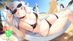 Rule 34 | 4girls, admiral hipper (azur lane), ahoge, animal ears, armpits, atago (azur lane), atago (summer march) (azur lane), azur lane, bare shoulders, beach, bikini, black bikini, black choker, black hair, black ribbon, blindfold, blonde hair, blush, bokken, bow, breasts, choker, cleavage, collarbone, crazy straw, cross, cup, day, drinking straw, eyes visible through hair, eyewear on head, unworn eyewear, flag print, floating hair, flower, food, fruit, german flag, german flag bikini, grey hair, hair between eyes, hair bow, hair ribbon, hammock, hand up, hands on own hips, heart straw, highleg, highleg bikini, holding, holding removed eyewear, holding weapon, iron cross, large breasts, leaf, lemon, lemon slice, light particles, long hair, looking at viewer, lying, mole, mole on breast, multicolored hair, multiple girls, navel, ocean, official alternate costume, one-piece swimsuit, one eye closed, open mouth, outdoors, ponytail, prinz eugen (azur lane), prinz eugen (unfading smile) (azur lane), red hair, ribbon, sand, shadow, sideboob, sidelocks, skindentation, smile, solo focus, stomach, streaked hair, sunglasses, swimsuit, sword, takao (azur lane), takao (beach rhapsody) (azur lane), tan, thigh strap, thighs, tree, tropical drink, two side up, very long hair, weapon, white bikini, white one-piece swimsuit, wooden sword