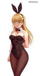 Rule 34 | 1girl, absurdres, animal ears, arm at side, arm behind back, bare shoulders, black leotard, blonde hair, blunt bangs, bow, bow hairband, bowtie, box wonderland, breasts, brown bow, brown bowtie, brown hairband, brown pantyhose, cleavage, clenched hand, collarbone, commentary, covered navel, detached collar, fake animal ears, green eyes, hair bow, hairband, heanna sumire, highres, leotard, long hair, looking at viewer, love live!, love live! superstar!!, medium breasts, pantyhose, parted lips, playboy bunny, rabbit ears, raised eyebrows, simple background, solo, standing, strapless, strapless leotard, twitter username, white background, white bow, wrist cuffs