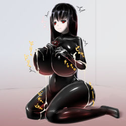Rule 34 | black hair, bodysuit, breast milk, breasts, keteru yamiko, lactation, lactation through clothes, large breasts, red eyes, scp-835-jp, scp foundation, thick thighs, thighs, yandere