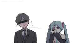 Rule 34 | 1boy, 1girl, alternate eye color, aqua hair, aqua necktie, arufa faru, bar censor, bare shoulders, black hair, black sleeves, blowgun, censored, closed mouth, commentary, dart, detached sleeves, dress shirt, eiri7hamono, formal, hair ornament, half-closed eyes, hands up, hatsune miku, hatsune miku (vocaloid4), head tilt, highres, holding, holding weapon, identity censor, lapel pin, long hair, looking at another, necktie, parted bangs, pink eyes, portrait, ringed eyes, shirt, short hair, sleeveless, sleeveless shirt, striped necktie, suit, tokumei m (vocaloid), tokumei radio, turn pale, twintails, vocaloid, weapon, white background, white shirt