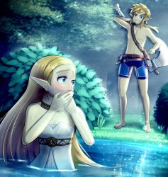 Rule 34 | 1boy, 1girl, abs, bare arms, bare legs, bare shoulders, barefoot, blonde hair, blue eyes, blue shorts, blush, bush, clenched teeth, clothed bath, collarbone, covering own mouth, covering privates, dress, feet, forest, grin, jewelry, legs, link, looking at another, looking back, mixed-sex bathing, nature, neck, necklace, nintendo, outdoors, partially submerged, plant, pond, princess zelda, reflection, shared bathing, shorts, smile, smirk, standing, strapless, strapless dress, surprised, teeth, the legend of zelda, the legend of zelda: breath of the wild, topless, tree, water, wet, wet clothes, wet dress, wet hair, white dress
