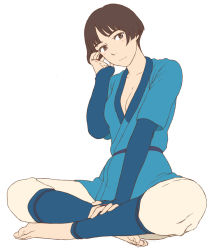 Rule 34 | 1girl, alternate costume, barefoot, blush, bob cut, breasts, brown eyes, brown hair, closed mouth, full body, gake no ue no ponyo, graphite (medium), jas (littlecrime), lisa (ponyo), looking at viewer, medium breasts, mononoke hime, short hair, simple background, sitting, small breasts, solo, traditional media, white background