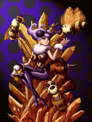 Rule 34 | 1girl, antennae, arthropod girl, bee girl, breasts, capcom, highres, insect girl, large breasts, monster girl, non-web source, purple hair, q-bee, solo, vampire (game), wings