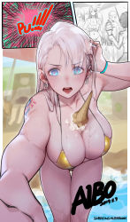 Rule 34 | 1girl, absurdres, aibo (gorgeous mushroom), beach, bikini, blue eyes, bracelet, breasts, cleavage, earrings, food, food on body, food on breasts, freckles, gorgeous mushroom, halterneck, highres, ice cream, ice cream cone, ice cream cone spill, jewelry, large breasts, leaning forward, long hair, looking at viewer, ocean, open mouth, original, pov, revision, shore, spill, sweatdrop, swimsuit, water, white hair, yellow bikini