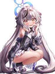Rule 34 | 1girl, absurdres, animal ears, arm out of sleeve, blue archive, blush, commentary request, grey hair, hair between eyes, halo, highres, kokona (blue archive), kuma piv, long hair, looking at viewer, low twintails, multicolored hair, red eyes, shoes, sidelocks, simple background, sleeveless, sneakers, solo, squatting, streaked hair, tiger ears, tiger girl, twintails, white background