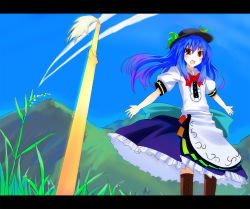 Rule 34 | 1girl, bad id, bad pixiv id, blue hair, female focus, food, fruit, gotyou, hat, hinanawi tenshi, leaf, letterboxed, peach, red eyes, solo, sword, sword of hisou, touhou, weapon