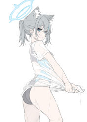 Rule 34 | 1girl, ass, blue archive, blue eyes, blue halo, closed mouth, competition swimsuit, cross hair ornament, grey hair, hair ornament, halo, highres, looking at viewer, masabodo, official alternate costume, one-piece swimsuit, ponytail, see-through, see-through shirt, shiroko (blue archive), shiroko (swimsuit) (blue archive), shirt, short hair, short sleeves, simple background, solo, standing, swimsuit, swimsuit under clothes, thighs, wet, wet clothes, wet shirt, white background, white shirt