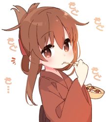 Rule 34 | 1girl, ^^^, blush, brown eyes, brown hair, commentary request, eating, folded ponytail, food, inazuma (kancolle), japanese clothes, kantai collection, kimono, long hair, looking at viewer, simple background, solo, takoyaki, upper body, white background, yoru nai, yukata
