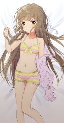 Rule 34 | 1girl, bare shoulders, bed sheet, blunt bangs, blush, bra, breasts, brown eyes, brown hair, cleavage, clenched hand, clothes down, collarbone, dot nose, from above, front-tie bra, hand up, idolmaster, idolmaster cinderella girls, idolmaster cinderella girls starlight stage, jacket, long hair, long sleeves, looking at viewer, lying, midriff, navel, off shoulder, on back, on bed, oonishi nishio, parted lips, pink jacket, shy, small breasts, solo, striped bra, striped clothes, two-tone bra, two-tone shorts, underwear, very long hair, yorita yoshino