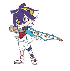 Rule 34 | 1boy, alternate species, blue socks, commentary request, creatures (company), crossed bangs, full body, game freak, gloves, gun, hair between eyes, hairband, highres, holding, holding gun, holding weapon, jacket, kieran (pokemon), male focus, medium hair, nintendo, nrsmkt sgr, octoling, octoling boy, octoling player character, parted lips, pokemon, pokemon sv, purple hair, red gloves, shoes, shorts, simple background, socks, solo, splatoon (series), squiffer (splatoon), standing, teeth, thick eyebrows, weapon, white background, white footwear, white jacket, white shorts, yellow hairband