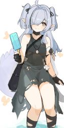 Rule 34 | 1girl, absurdres, ahoge, arknights, black choker, black dress, black gloves, black hair, black ribbon, blush, choker, crocodilian tail, dress, feet out of frame, food, gloves, grey eyes, grey hair, hair over one eye, hair ribbon, highres, holding, holding food, long hair, looking at viewer, multicolored hair, official alternate costume, pointy ears, popsicle, ribbon, simple background, sitting, sleeveless, sleeveless dress, smile, solo, streaked hair, tail, thighs, tomimi (arknights), two side up, very long hair, white background, yurooe