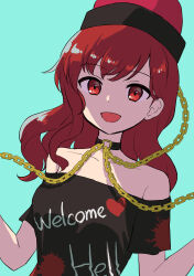 Rule 34 | 144udy, 1girl, absurdres, bare shoulders, blue background, chain, clothes writing, collar, gold chain, hecatia lapislazuli, highres, looking at viewer, medium hair, off-shoulder shirt, off shoulder, red eyes, red hair, shirt, short sleeves, smile, solo, touhou, upper body