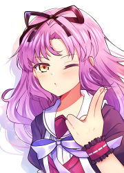 Rule 34 | 1girl, black ribbon, black shirt, blowing kiss, blush, commentary request, eiyuu densetsu, hair intakes, hand up, highres, long hair, looking at viewer, one eye closed, portrait, puckered lips, puffy short sleeves, puffy sleeves, purple hair, renne (eiyuu densetsu), ribbon, sen no kiseki, sen no kiseki iv, shirt, short sleeves, simple background, solo, villeannn, white background, wrist cuffs