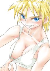 Rule 34 | 1girl, areola slip, bandages, bare shoulders, blonde hair, blue eyes, blush, breasts, chrono cross, cleavage, commentary request, covered erect nipples, facial mark, grin, kid (chrono cross), looking at viewer, medium breasts, nipple slip, nipples, s-a-murai, smile, solo, tank top, upper body