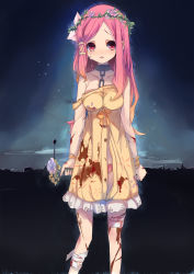 Rule 34 | 1boy, 1girl, bad id, bad pixiv id, bandages, bare shoulders, blood, bouquet, breasts, bruise, chain, collar, crown, crying, crying with eyes open, cuts, deep wound, dress, flower, gradient background, hair flower, hair ornament, hana-chan (me!me!me!), head wreath, highres, injury, long hair, looking at viewer, me!me!me!, medium breasts, off shoulder, open mouth, panties, parted bangs, pink hair, red eyes, sketch, solo, tears, torn clothes, underwear, zzzzxxx2010nian