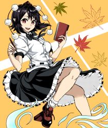 Rule 34 | 1girl, black bow, black bowtie, black hair, black skirt, bow, bowtie, frilled skirt, frills, geta, hat, highres, holding, holding notepad, holding pen, leaf, looking at viewer, maple leaf, natsushiro, nib pen (object), notebook, notepad, open mouth, pen, pointy ears, pom pom (clothes), puffy short sleeves, puffy sleeves, red eyes, red footwear, shameimaru aya, shirt, short hair, short sleeves, skirt, socks, solo, tengu-geta, tokin hat, touhou, white shirt, white socks, yellow background
