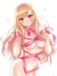Rule 34 | 1girl, barbell piercing, blonde hair, blush, breasts, cleavage, collarbone, commentary request, cowboy shot, ear piercing, earrings, fake nails, gradient hair, groin, gyaru, hands up, highres, industrial piercing, jewelry, kitagawa marin, long hair, looking at viewer, medium breasts, multicolored hair, nail polish, naked ribbon, navel, neck ribbon, nude, piercing, pink nails, pink ribbon, red eyes, ribbon, shiny skin, simple background, smile, solo, sono bisque doll wa koi wo suru, white background, yano takumi