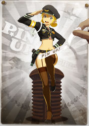 Rule 34 | 1girl, absurdres, aiguillette, armband, belt, blonde hair, comiccho, earrings, garter straps, green eyes, hat, high heels, highres, holster, jewelry, midriff, military, military uniform, navel, original, peaked cap, rope, salute, shoes, solo, thighhighs, uniform