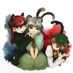 Rule 34 | 3girls, animal ears, brown hair, cat ears, cat girl, cat tail, chen, drooling, female focus, grey hair, kaenbyou rin, licking lips, mouse ears, multiple girls, multiple tails, nazrin, red eyes, red hair, scared, short hair, sweat, tail, tongue, tongue out, toriga naku, touhou