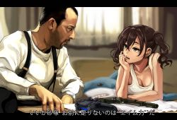 Rule 34 | 1boy, 1girl, breasts, brown eyes, brown hair, head rest, cleavage, commentary request, crossover, gun, hair between eyes, handgun, highres, idolmaster, idolmaster cinderella girls, ikea shark, leaning forward, leon (leon the professional), leon the professional, letterboxed, looking at another, mole, mole under eye, open mouth, pistol, playstation controller, sharp teeth, shashaki, shirt, short twintails, small breasts, stuffed animal, stuffed shark, stuffed toy, subtitled, sunazuka akira, tank top, teeth, translated, twintails, weapon, white shirt