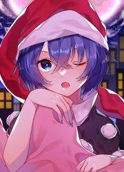 Rule 34 | 1girl, black dress, blue eyes, blue sky, building, city, cloud, cloudy sky, commentary request, crossed bangs, diamond-shaped pupils, diamond (shape), doremy sweet, dress, eyes visible through hair, fingernails, hair between eyes, hand up, hat, highres, long fingernails, looking at viewer, moon, nail polish, night, night sky, one eye closed, open mouth, pom pom (clothes), purple hair, purple nails, purple sky, red hat, renka (sutegoma25), short hair, short sleeves, sky, skyscraper, solo, star (sky), starry sky, symbol-shaped pupils, teeth, tongue, touhou, upper body, white dress, window