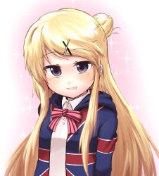 Rule 34 | 1girl, blonde hair, blush, bow, bowtie, breasts, collared shirt, commentary request, flag print, gradient background, hair bun, hair ornament, hairclip, highres, jacket, kin-iro mosaic, kujou karen, long hair, long sleeves, looking at viewer, m.m, naughty face, parted lips, pink bow, pink bowtie, print jacket, purple eyes, school uniform, shirt, side bun, single hair bun, single side bun, small breasts, solo, sparkle, striped bow, striped bowtie, striped clothes, striped neckwear, swept bangs, two-tone background, union jack, upper body, white shirt, wing collar, x hair ornament
