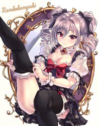 Rule 34 | 1girl, absurdres, adjusting clothes, adjusting legwear, black bow, black dress, black panties, black thighhighs, bow, breasts, character name, cleavage, closed mouth, detached collar, dress, drill hair, gothic lolita, grey hair, hair between eyes, hair bow, highres, idolmaster, idolmaster cinderella girls, kanzaki ranko, lace, lace-trimmed legwear, lace trim, leg lift, lolita fashion, looking at viewer, medium breasts, panties, puffy sleeves, red bow, red eyes, shashaki, short hair, smile, solo, thighhighs, twin drills, underwear