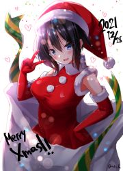Rule 34 | 1girl, black hair, blue eyes, blush, dated, dress, elbow gloves, fur-trimmed gloves, fur trim, gloves, hair between eyes, hand on own hip, hand up, hat, heart, highres, in container, in sack, looking at viewer, merry christmas, mokufuu, open mouth, original, red dress, red gloves, red hat, sack, santa costume, santa hat, simple background, sleeveless, sleeveless dress, smile, solo, twitter username, v, white background