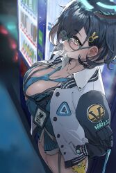 Rule 34 | 1girl, absurdres, black hair, blue archive, blue sky, blush, bottomless, breasts, chihiro (blue archive), cleavage, collarbone, exhibitionism, glasses, groin, halo, hand in pocket, highres, lanyard, large breasts, looking at viewer, loose necktie, necktie, no panties, no pants, outdoors, public indecency, round eyewear, school uniform, semi-rimless eyewear, sky, solo, ushimochi, vending machine, watch, wristwatch