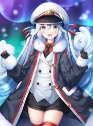 Rule 34 | 1girl, :d, aurora, bad id, bad pixiv id, black jacket, black necktie, black shorts, blouse, blue eyes, blue hair, blush, collared shirt, fur-trimmed jacket, fur trim, hair between eyes, hat, hatsune miku, highres, jacket, long hair, looking at viewer, murano, necktie, night, night sky, open clothes, open jacket, open mouth, outdoors, peaked cap, red shirt, shirt, short shorts, shorts, silver hair, sky, smile, snowflakes, solo, star (sky), starry sky, striped clothes, striped thighhighs, thighhighs, twintails, very long hair, vest, vocaloid, white hat, white vest, yuki miku, yuki miku (2022)