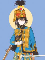 Rule 34 | 1girl, absurdres, aiguillette, austro-hungarian army, black hair, blue jacket, embroidered coat, gloves, gold trim, gulyas, hat, highres, hussar, jacket, military uniform, original, pelisse, plume, saber (weapon), shako cap, short hair, solo, standing, sword, uniform, weapon, white gloves, yellow eyes