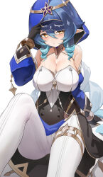 Rule 34 | 1girl, absurdres, bad id, bad pixiv id, bare shoulders, berserker r, black gloves, black skirt, blue hair, blue hood, bracelet, breasts, circlet, claw ring, cleavage, detached sleeves, drill hair, drill sidelocks, genshin impact, gloves, hair between eyes, highres, hood, hood up, jewelry, large breasts, layla (genshin impact), long hair, long sleeves, looking at viewer, low twintails, neck ring, pants, pointy ears, puffy long sleeves, puffy sleeves, sash, sidelocks, skirt, sleep mask, solo, thighlet, thighs, tight clothes, tight pants, twintails, very long hair, white pants, yellow eyes