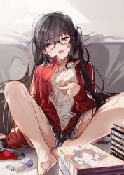 Rule 34 | 1girl, absurdres, almic, bare legs, barefoot, black-framed eyewear, black hair, book, book stack, brown eyes, dolphin shorts, feet, glasses, grey shorts, highres, huge filesize, jacket, long hair, long sleeves, looking at viewer, open clothes, open mouth, original, playstation controller, raised eyebrow, semi-rimless eyewear, shirt, short shorts, shorts, sitting, solo, spread legs, thighs, track jacket, twintails, under-rim eyewear, unzipped, white shirt