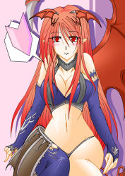 Rule 34 | 1girl, asymmetrical clothes, bare shoulders, blush, breasts, cleavage, demon girl, elbow gloves, female focus, gloves, horns, large breasts, long hair, looking at viewer, lord of vermilion, midriff, navel, pointy ears, red eyes, red hair, single thighhigh, single wing, solo, demon girl, succubus (lord of vermilion), thighhighs, wings