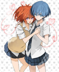 Rule 34 | 10s, 2girls, akuma no riddle, azuma tokaku, blouse, blue eyes, blue hair, expressionless, hand on another&#039;s back, hand on another&#039;s shoulder, heart, heart of string, highres, holding hands, ichinose haru, interlocked fingers, looking at viewer, minakata sunao, multiple girls, necktie, open mouth, purple eyes, red hair, school uniform, shirt, short hair, skirt, smile, twintails, vest, yuri