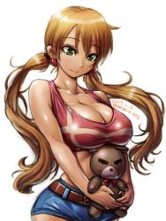 Rule 34 | 1girl, 2017, amania orz, artist name, bare arms, belt, blonde hair, blush, breasts, cleavage, collarbone, dated, earrings, green eyes, gundam, gundam tekketsu no orphans, heart, heart earrings, holding, holding stuffed toy, jewelry, lafter frankland, large breasts, long hair, looking down, short shorts, shorts, simple background, smile, solo, stuffed animal, stuffed toy, teddy bear, thighhighs, twintails, twitter username, white background