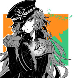 Rule 34 | 1girl, absurdres, belt, buttons, coat, collared shirt, e.g.o (project moon), epaulettes, feng bang, gloves, golden bough (limbus company), greyscale, greyscale with colored background, hand up, hat, highres, ishmael (project moon), limbus company, long hair, long sleeves, looking at viewer, military hat, military uniform, monochrome, necktie, project moon, shirt, sidelocks, solo, uniform, upper body, very long hair