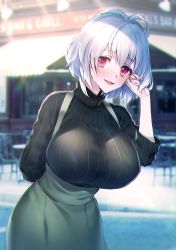 Rule 34 | 1girl, adjusting hair, aohitsugi nemu, bad id, bad twitter id, black sweater, blurry, bob cut, breasts, day, depth of field, grey skirt, high-waist skirt, highres, hypnosis mic, large breasts, looking at viewer, moe (hamhamham), open mouth, outdoors, short hair, silver hair, skirt, smile, solo, sweater, turtleneck