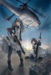 Rule 34 | 2girls, aircraft, apron, battle rifle, black hair, black pantyhose, blue eyes, boots, dress, frills, gun, hair ribbon, helicopter, hogeo, long hair, m14, maid, maid apron, military, multiple girls, original, pantyhose, pigeon-toed, ribbon, rifle, smile, suitcase, twintails, uh-1 iroquois, uh-1y, weapon