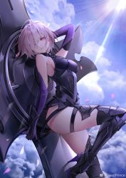 Rule 34 | 1girl, absurdres, ahoge, arm behind head, arm up, armored boots, armored leotard, bare shoulders, black footwear, black leotard, black thighhighs, boots, breasts, chinese commentary, cloud, commentary request, day, deadprince, elbow gloves, fate/grand order, fate (series), foot out of frame, gloves, hair between eyes, hair over one eye, high heel boots, high heels, highres, leotard, light purple hair, looking at viewer, looking to the side, mash kyrielight, medium breasts, outdoors, parted lips, purple eyes, purple gloves, short hair, solo, standing, standing on one leg, sunlight, thigh boots, thigh strap, thighhighs, thighs, weibo watermark
