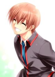Rule 34 | 1boy, :d, ^ ^, black jacket, blue necktie, brown hair, closed eyes, commentary request, eyelashes, facing viewer, grin, hair between eyes, head tilt, jacket, light blush, little busters!, long sleeves, male focus, natsume kyousuke, necktie, open mouth, school uniform, short hair, simple background, smile, solo, upper body, white background, zen (kamuro)