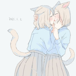 Rule 34 | 2girls, animal ears, arm grab, blouse, blue shirt, blush, cat ears, cat girl, cat tail, collared shirt, commentary request, cowboy shot, closed eyes, facing another, french kiss, grey hair, grey skirt, head hold, inutose, kiss, long sleeves, medium hair, multiple girls, original, school uniform, shirt, simple background, skirt, standing, tail, yuri