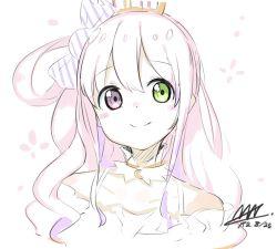 Rule 34 | 1girl, bare shoulders, candy hair ornament, closed mouth, collarbone, commentary request, crown, dated, dress, food-themed hair ornament, green eyes, hair between eyes, hair ornament, hair rings, heterochromia, highres, himemori luna, himemori luna (1st costume), hololive, long hair, looking at viewer, mini crown, off-shoulder dress, off shoulder, okota mikan, petals, pink hair, purple eyes, signature, simple background, smile, solo, upper body, virtual youtuber, white background, white dress
