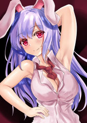 Rule 34 | 1girl, adapted costume, animal ears, arm behind head, arm up, armpits, between breasts, black background, blush, breasts, cleavage, gradient background, hand on own hip, kaeranu kaeru, large breasts, leaning to the side, light purple hair, long hair, looking at viewer, loose necktie, necktie, necktie between breasts, open clothes, open shirt, rabbit ears, red background, red eyes, red necktie, reisen udongein inaba, shirt, sleeveless, sleeveless shirt, smile, solo, standing, touhou, upper body, very long hair, white shirt